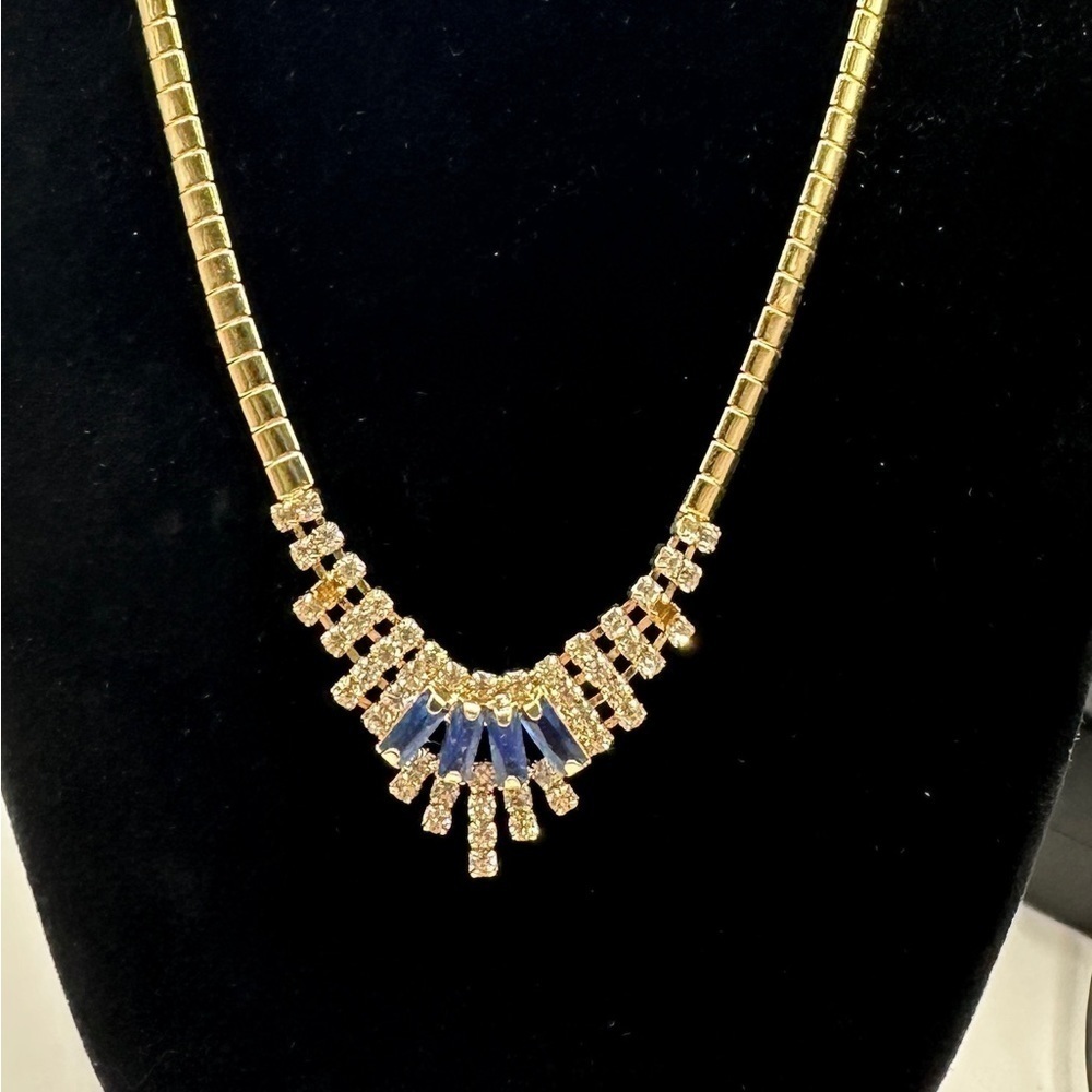 Signed Gold Plated Necklace with Blue‎ and Clear Rhinestones Stamped 740